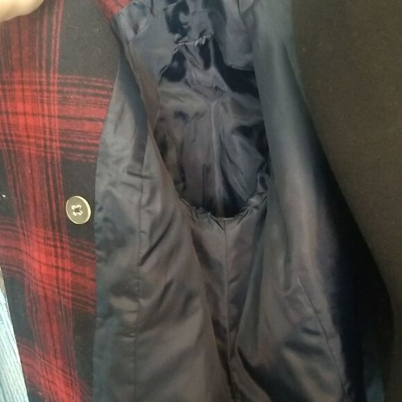 𝅺OLD Navy Wool Pea Coat Red and Navy Plaid - Picture 10 of 12
